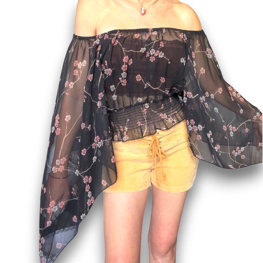 Witchy Boho Sheer Floral Bell Sleeve Peasant Top